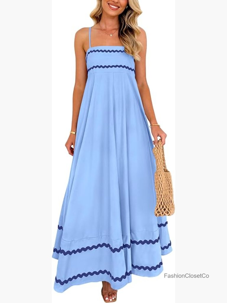Sleeveless Spaghetti Strap Square Neck Flowy Maxi Dress With Pockets